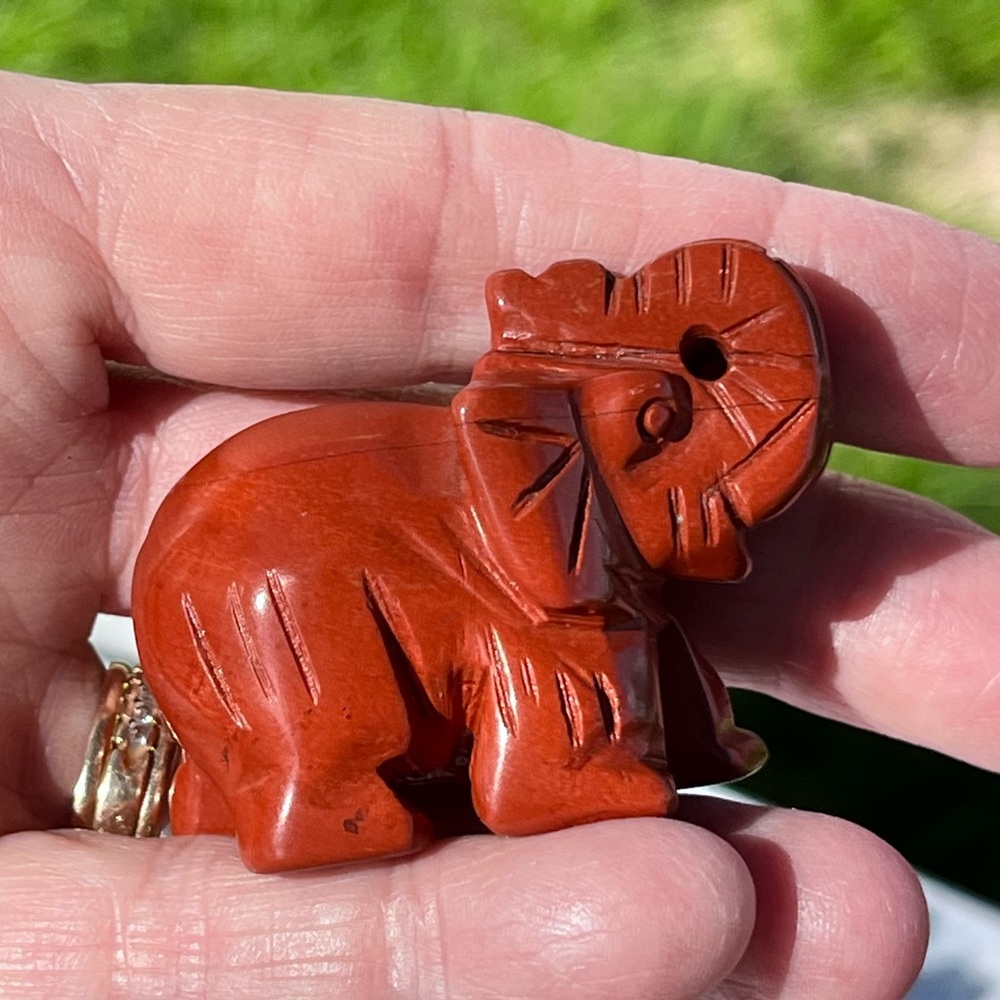 Red Jasper Natural Mini Carved Stone Elephant Figurine, Happy with Trunk Up